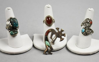 Vintage Navajo Sterling Kokopelli Brooch & Rings