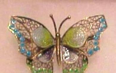 Vintage Silver & Enamel Guilloche Butterfly Brooch Pin