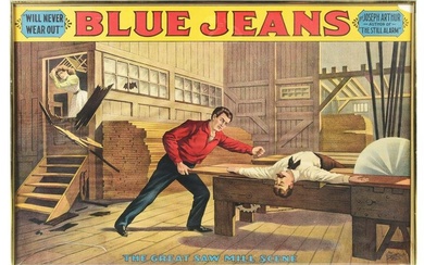 WILL NEVER WEAR OUT BLUE JEANS PAPER LITHOGRAPH ADVERTISEMENT.