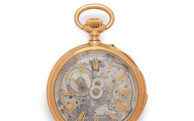WILLY BERGER, 18K ROSE GOLD AND ENAMEL SKELETONIZED QUARTER REPEATING KEYLESS LEVER WITH APPLIED ARMS OF THE HOUSE OF HOHENZOLLERN AND BRANDENBURG POCKET WATCH