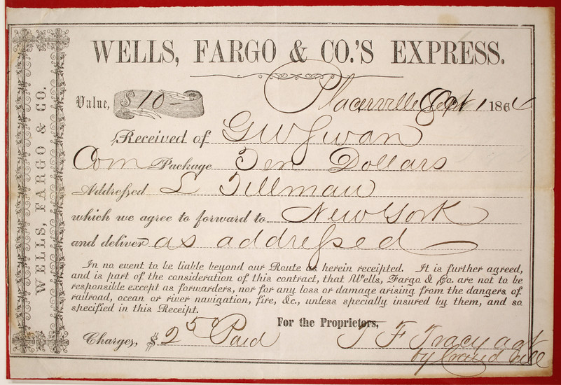 Wells Fargo Placerville Shipping Receipt, 1864 #84847