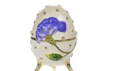 White with Blue Flower Music Box Faberge Inspired Egg