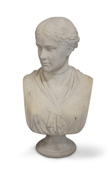 William Brodie R.S.A. Scottish, 1815-1881, a carved white marble bust of a lady, possibly of Shakespearean actress Ellen Terry, 1847-1928, on socle base, signed and dated to reverse W. BRODIE R.S.A 1880, approx. 68m high Provenance: The Geoffrey...