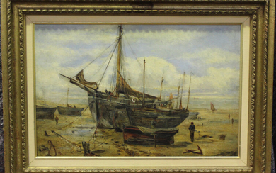 William Joseph Julius Caesar Bond - 'Boats ashore near Carnarvon', oil on board, signed an
