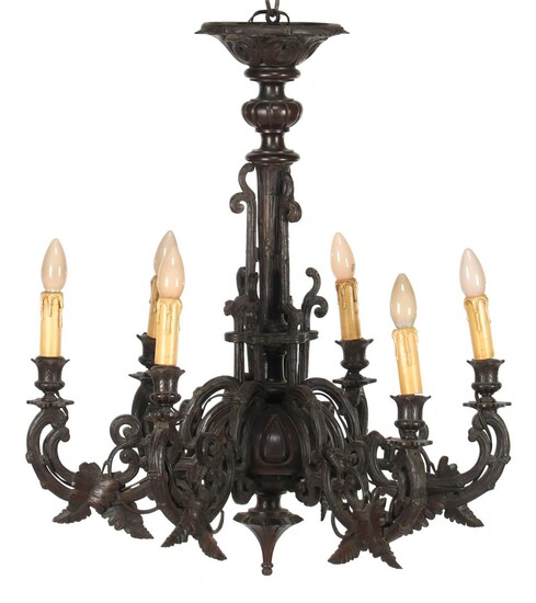 (-), Wooden 6-light chandelier with leaf decor, Black...