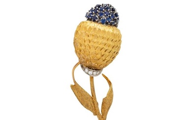 YELLOW GOLD, SYNTHETIC SAPPHIRE, AND DIAMOND FLOWER BROOCH