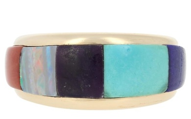 Yellow Gold Lapis, Turquoise, Sugilite, Opal & Coral Ring 14k Southwestern