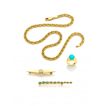 Yellow gold lot comprising a necklace of about cm 40.8 circa, a bar brooch with turquoise paste and imitations of...