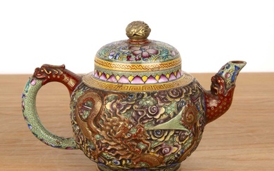 Yixing teapot with enamelled decoration Chinese decorated with dragons around...
