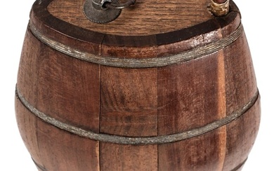 c. 1780s Revolutionary War Era Wire Banded Wooden Powder Cask with its Original Brass + Copper Spout