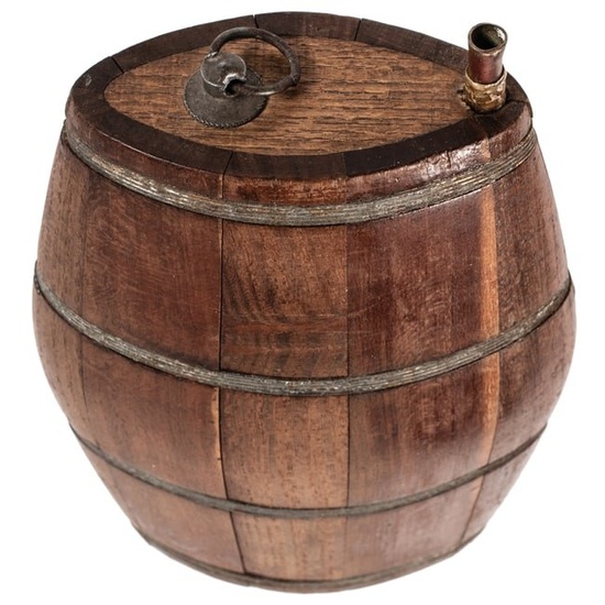 c. 1780s Revolutionary War Era Wire Banded Wooden Powder Cask with its Original Brass + Copper Spout