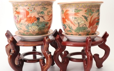 Chinese Hand-Painted Earthenware Planters on Wooden Stands