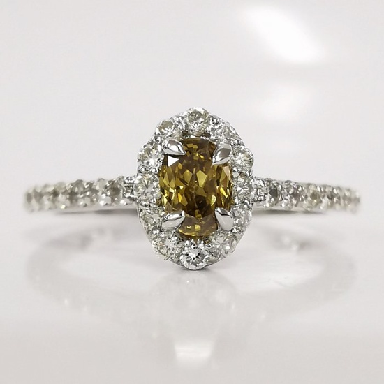 no reserve 0.25 ct Natural Fancy Deep Brownish Yellow & 0.35 ct Diamond Designer Ring 1.88 gr - 14 kt. White gold - Ring - 0.25 ct Diamond - Diamonds