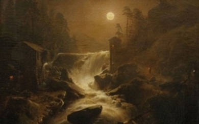 ELABORATE 19TH C. PAINTING OF A MOONLIT WATERFALL