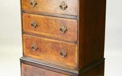 A GEORGIAN DESIGN SMALL WALNUT CHEST ON STAND, 20TH