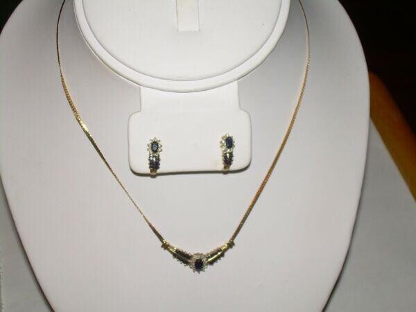 10k Diamond & Sapphire Necklace & Pierced Earring Set