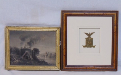 Framed US Army Hat Plate & charcoal drawing