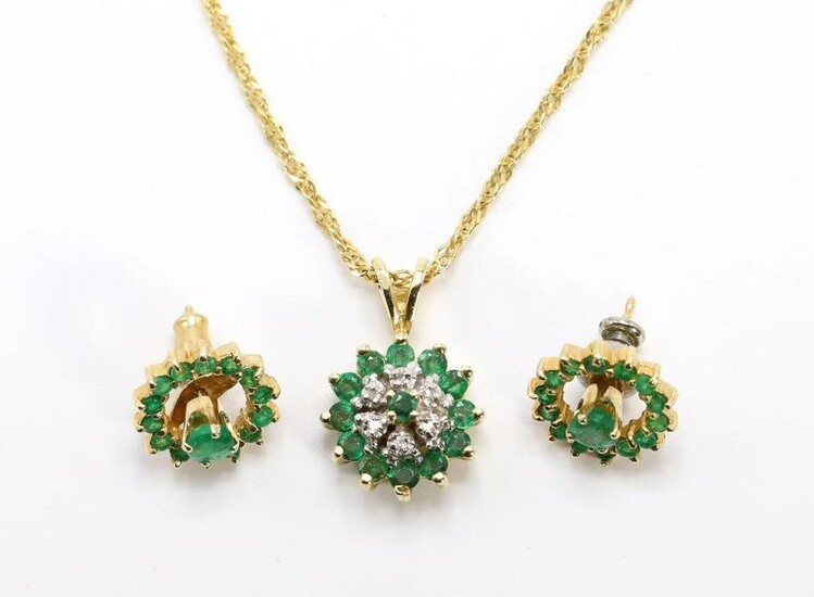 14KY Gold Emerald Pendant on Chain, Earrings