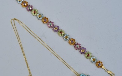 14k Gold Blue Topaz Pendant Necklace and Multi Colored Stone Bracelet