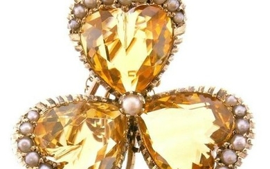 14k Yellow Gold Citrine Pearl Clover Brooch