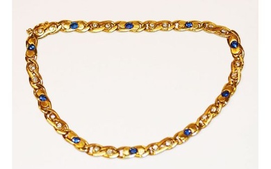 18 k Gelbgold geprüftes Armband, mit Diamanten und Safiren, 9,1 gr., L 16 cm