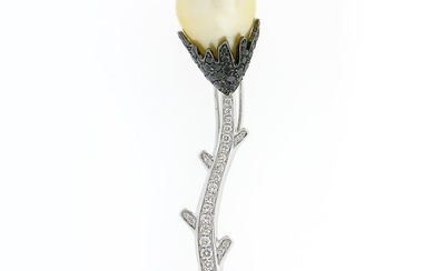 18k White Gold South Sea Pearl w/ 2.48 ctw White & Black Diamond Flower Brooch P