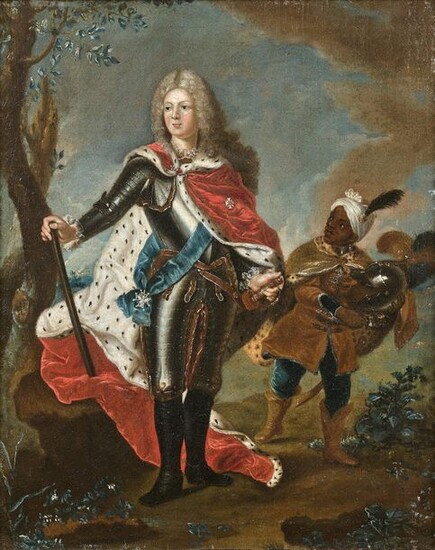 18th century FRENCH school, Surrounding by Hyacinth RIGAUD Portrait of Augustus III King of Poland, Elector Frederick Augustus of Saxony, son of Augustus the Strong. Canvas. Height. 31, Width. 24.8 cm. (old restorations). Provenance: on the back a...