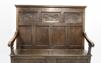 18th century and later joined oak hall settle, panelled...
