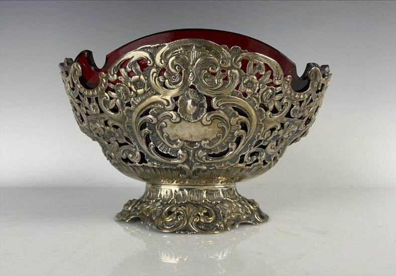19TH C. GERMAN 800 SILVER BOWL WITH RUBY GLASS INSERT