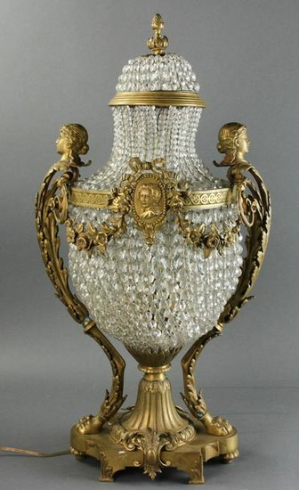 19th C French Bronze and Crystal Table Lamp
