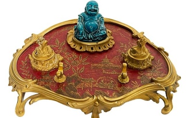 19th C. Millet Signed Chinoiserie Gilt Bronze & Lacquer Inkwell