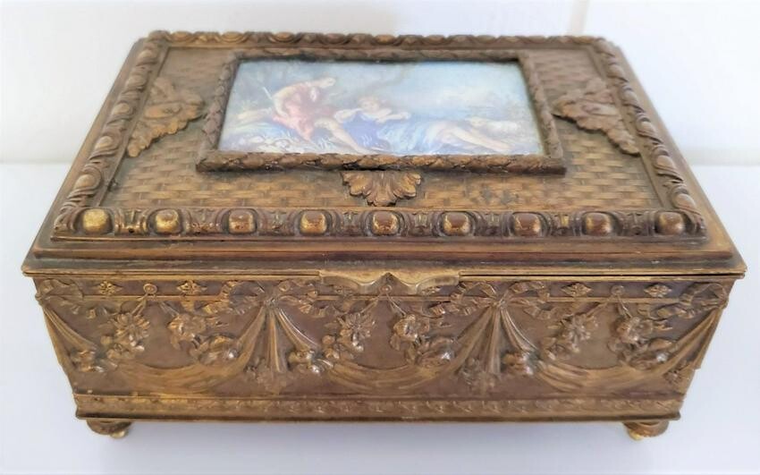 19thc French ormolu Box With Hand Painted Porcelain