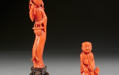 (2) Chinese carved coral figures