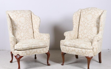 (2) Queen Anne style upholstered wing chairs