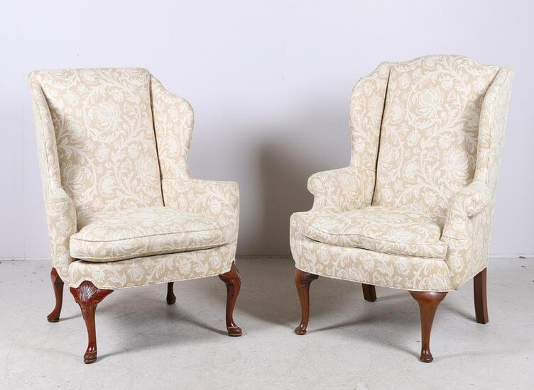 (2) Queen Anne style upholstered wing chairs