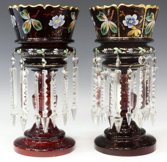 (2) VICTORIAN HAND-PAINTED GLASS MANTLE LUSTERS