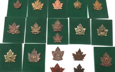 20 x Canadian WW1 Overseas Battalion Cap Badges darkened map...