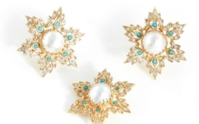 Mabe pearl, diamond and turquoise brooch and earrings (3pcs)