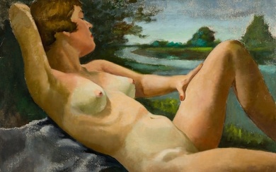 20th Century American School, Nude Reclining, Oil on canvas, framed