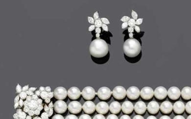 PEARL AND DIAMOND NECKLACE WITH EAR PENDANTS, ca. 1980.
