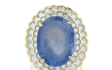 21.72-Carat Unheated Carved Sapphire and Diamond Ring