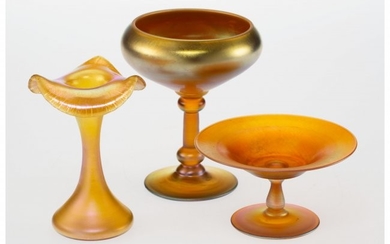 23044: Three Quezal Gold Iridescent Glass Table Article