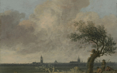 Anthonie Jansz. van der Croos (Alkmaar 1606/7-1662/3 The Hague), A landscape with peasants resting under a tree, the city of Delft beyond