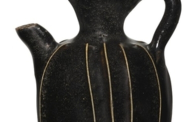 A MINIATURE BLACK-GLAZED RIBBED EWER SONG DYNASTY