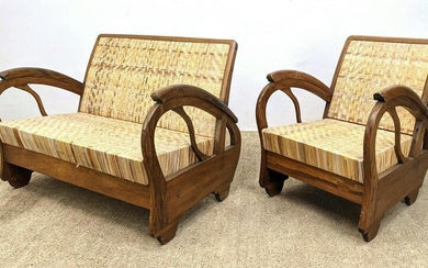 2pc French style Woven Rattan Love Seat, Lounge Chair.
