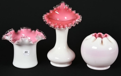 (3) Cased Pink & White Art Glass Vases