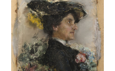 Antonio Mancini ( Roma 1852 - 1930 ) , "Ritratto di signora" pastelli colorati su carta applicata a cartone (cm 71.5x56) Firmato in basso a destra Al retro: cartigli...