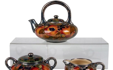3pc Moorcroft Silver Overlay Tea Set, Ochre Pomegranate