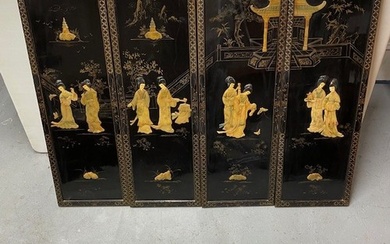 4 Chinese Panel Paintings on Lacquered Wood. Each Panel: W...