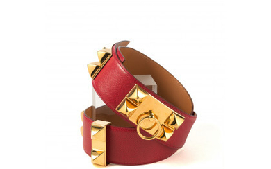 HERMES Red leather and gilt-metal belt with original box size...